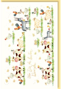 Glückwunschkarte Geburtstag Wiese, Tiere, Kuh, Ente, Schmetterlinge, Huhn, Naturkarton, mit Goldfolie und Blindprägung