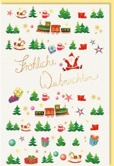 Weihnachtskarte Schaukelpferd, Tannenbäume, Zug, Weihnachtsmann, Geschenke, mit Goldfolie und Blindprägung, Naturkarton