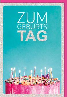 Geburtstagskarten geschäftlich - Glückwunschkarten Geburtstag mit Kerzen auf einem Kuchen und Glitzerlack