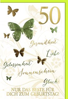 Geburtstagskarte 50 Jahre Gesundheit. Liebe. Gelassenheit. Sonnenschein.