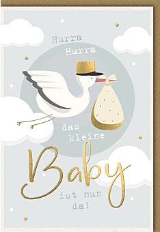 Glückwunschkarte zur Geburt Baby Storch fliegt mit Sack