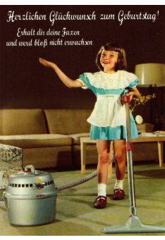 Postkarte Geburtstag retro Mädchen Staubsauger