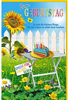 Glückwunschkarte Geburtstag Weißer Gartentisch, Zaun, Sonnenblume, Blumenwiese