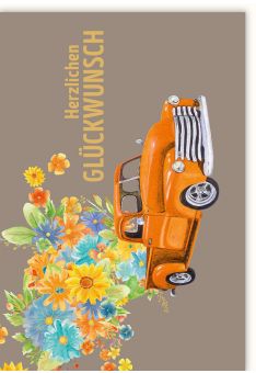 Glückwunschkarte Illustration Pickup mit Blumen Herzlichen Glückwunsch