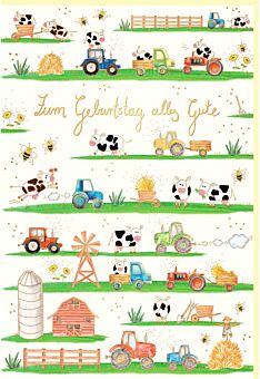 Glückwunschkarte Geburtstag Traktoren, Kühe, Naturkarton, mit Goldfolie und Blindprägung