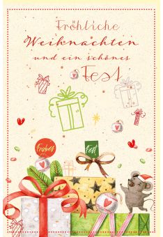 Weihnachtskarte mit Zuckerrohrpapier Geschenke auf dem Boden