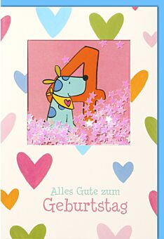 Geburtstagskarte für Kinder 4. Geburtstag - blauer Hund mit gelben Tuch