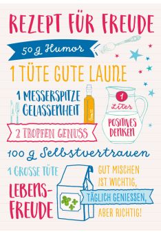 Postkarte Sprüche Rezept für Freude 50 g Humor; 1 Tüte gute Laune