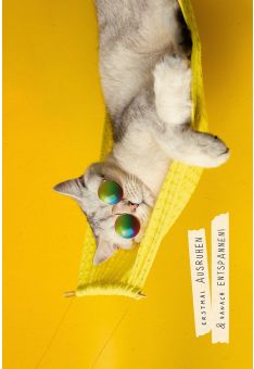 Postkarte Spruch Entspannen Katze mit Sonnenbrille auf Hängematte, Zuckerrohrpapier