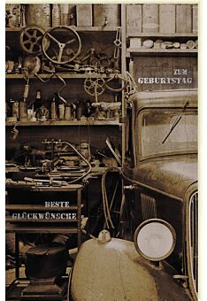 Geburtstagskarte für Männer Altes Auto und Werkzeug, mit Silberfolie
