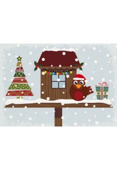 Weihnachtspostkarte Eule Vogelhaus Schnee