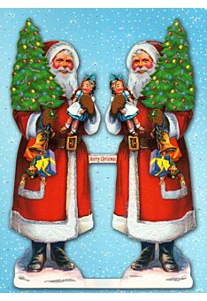 Weihnachtspostkarte 2 Weihnachtsmännder mit Tannenbäumen in der Hand