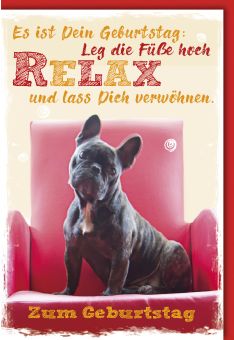 Geburtstagskarte lustig Bulldogge auf rotem Sessel