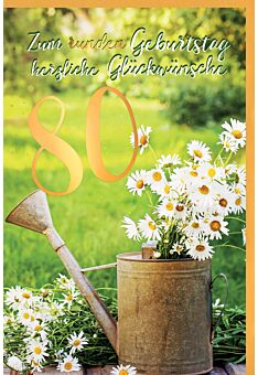 Geburtstagskarte 80 Jahre Gänseblümchen im Becher, mit Goldfolie
