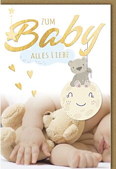 Glückwunschkarte zur Geburt Baby Alles Liebe, Baby mit Teddy