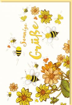 Grußkarte Blumen, Bienen, Text, Naturkarton, mit Goldfolie und Blindprägung