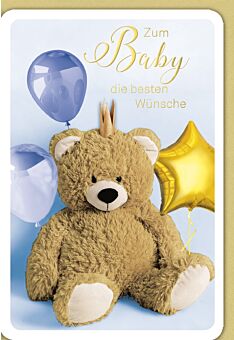 Glückwunschkarte Geburt Baby Junge - Teddy mit Krone, blauer Ballon