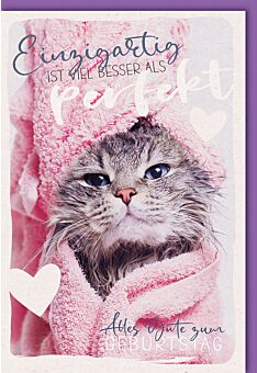 Geburtstagskarte für Partner Katze in Handtuch