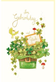 Glückwunschkarte Geburtstag Vogel, Kleeblatt, Hut, Naturkarton, mit Goldfolie und Blindprägung