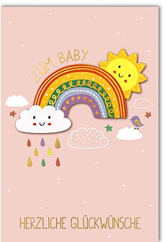 Glückwunschkarte Geburt Mädchen Mädchen, Regenbogen mit Sonne und Wolke