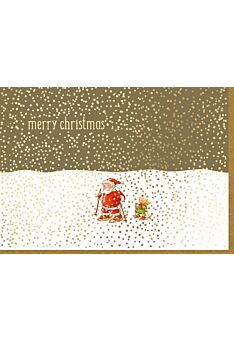Weihnachtskarte Goldfolie Schneeschuhe W-mann u. Engel Merry Christmas