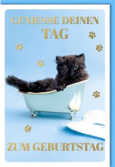 Geburtstagskarte: Entspannung pur mit süßem Kätzchen in der Wanne, Folienprägung und Pfotenabdrücken