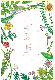 Geburtstagskarte schön mit Flora Blumen und Blätter, Naturkarton, mit rosègoldener Metallicfolie