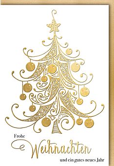 Weihnachtskarte schön Spruch Frohe Weihnachten und ein gutes neues Jahr Weihnachtsbaum gold groß