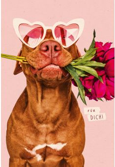 Postkarte Spruch Liebe Für Dich Hund mit Sonnenbrille und Blumen im Maul, Zuckerrohrpapier