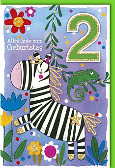 Geburtstagskarte für Kinder 2 Jahre Zebra mit Chamäleon