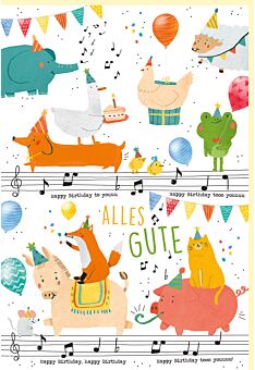 Geburtstagskarte für Kinder Tiere mit Partyhüten, Wimpelketten, Naturkarton