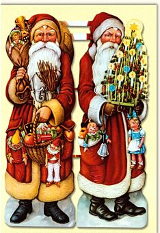 Weihnachtskarte nostalgisch Merry Christmas-Zwei Weihnachsmänner kleine Tannenbäume Arm