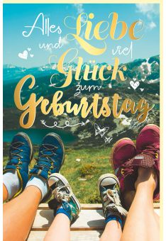 Geburtstagskarte Ausgestreckte Füße, Berglandschaft, mit schimmerndem Goldeffekt