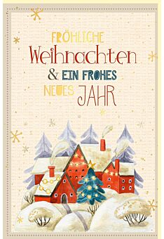 Weihnachtskarte aus Zuckerrohrpapier mit Goldfolie verschneite Häuser
