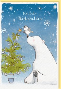Weihnachtskarte gezeichnet Eisbär, Pinguin, Weihnachtsbaum, Naturkarton