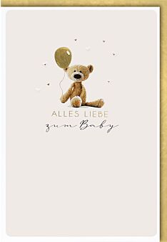 Glückwunschkarte Geburt Baby - Teddy mit goldenem Luftballon
