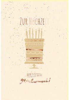 Glückwunschkarte Hochzeit Torte mit brennenden Kerzen, Zuckerrohrpapier, mit roségoldener Metallicfolie