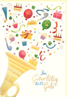 Glückwunschkarte Geburtstag Trompete, Geschenke, Kuchen, Naturkarton, mit Goldfolie und Blindprägung