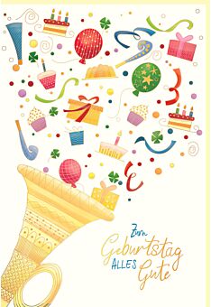 Glückwunschkarte Geburtstag Trompete, Geschenke, Kuchen, Naturkarton, mit Goldfolie und Blindprägung