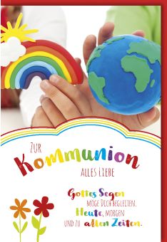 Karte Kommunion Regenbogen und Erdkugel Spruch Gottes Segen