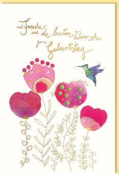 Glückwunschkarte Geburtstag Pinke Blüten und Kolibri, mit kupferfarbener Metallicfolie und Blindprägung, Naturkarton