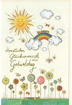 Geburtstagskarte Sonne, Regenbogen, Raupe, Wolken, Blumen, Naturkarton, mit Goldfolie und Blindprägung