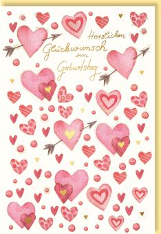 Geburtstagskarte für Partner Herzen, Naturkarton, mit Goldfolie und Blindprägung