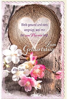 Glückwunschkarte Geburtstag Holzscheibe mit Herz, Blütenzweig, gestanzt, welliger Rand
