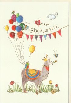 Glückwunschkarte Lama mit Luftballons, Vögel, Schmetterlinge, Blumen, Naturkarton, mit Goldfolie und Blindprägung