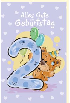 Geburtstagskarte für Kinder mit Teddybär und Partyhut, Luftballons 2 Geburtstag