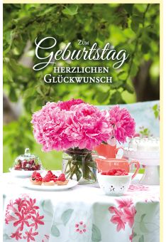 Geburtstagskarte Sommer auf dem Land Blumen, Himbeeren, Kirschen auf Tisch