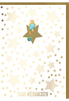 Weihnachtskarte: Frohe Weihnachten - Engel mit Geschenken