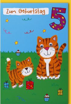 Geburtstagskarten für Kinder 5. Geburtstag Zwei Katzen mit Geschenken