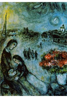 Kunstpostkarte Marc Chagall - Newlyweds with Paris in the backround
